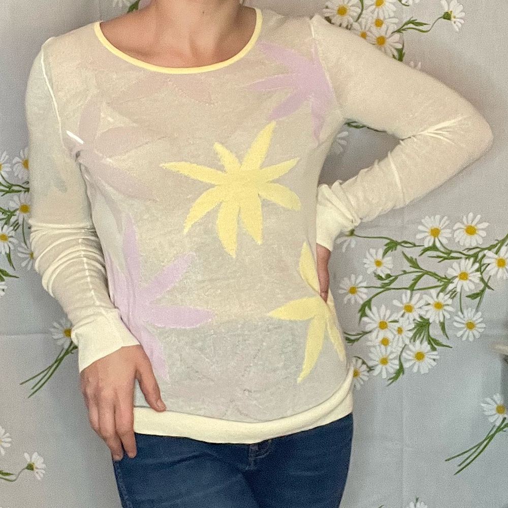Anthropologie hinge pastel yellow abstract floral sheer knit long sleeve T-shirt - Picture 1 of 8